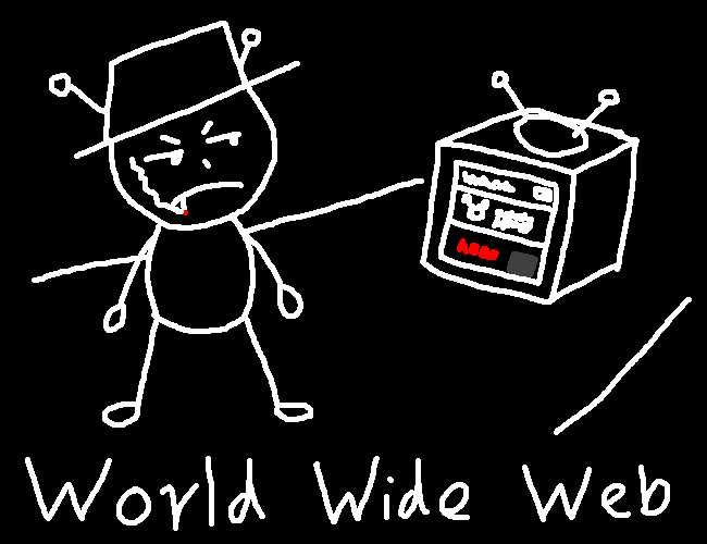 a cartoon man is staring at a tv monitor. There is text reading
'World Wide Web'